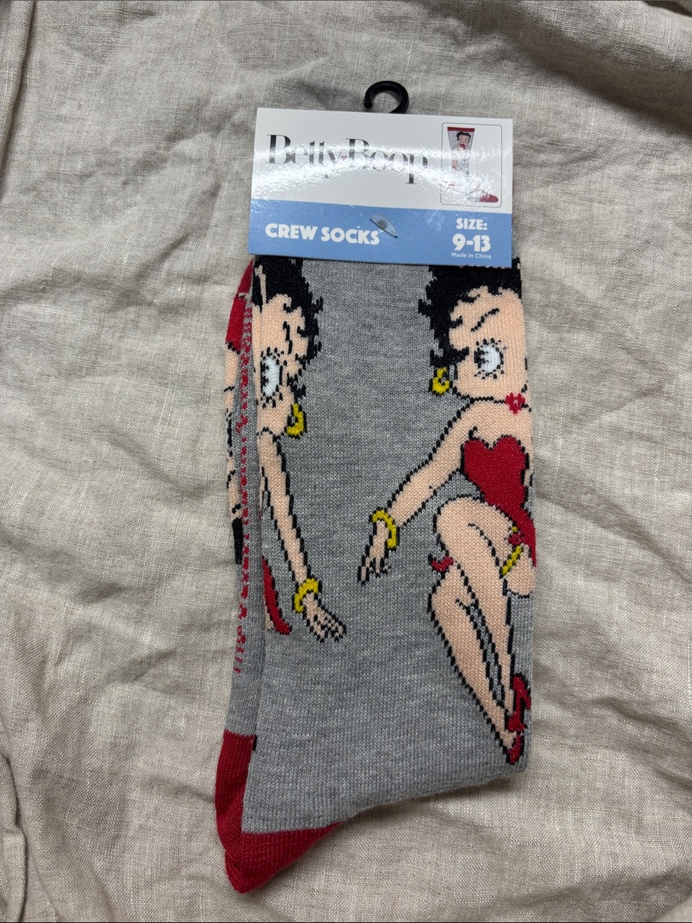 Betty Boop Gray Crew Socks with Red & Yellow Accents